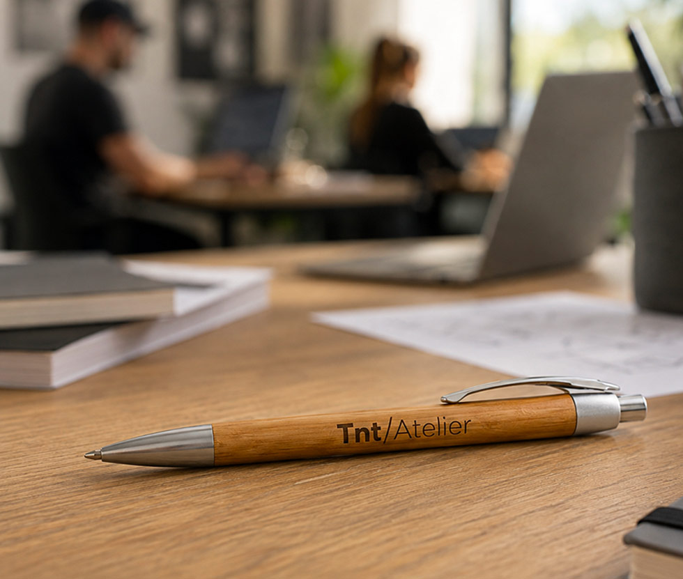 stylo-bois-article-de-bureau-personnalise-avec-logo-tnt-atelier-article-promotionnel-corporatif-quebec